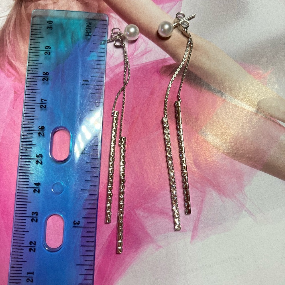 Silver Tone Long Rhinestone Earrings - Picture 3 of 3